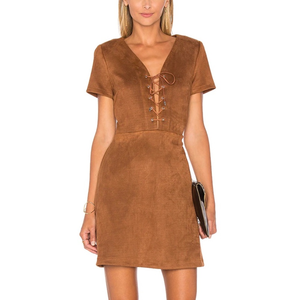Lucy Paris x Revolve Jaida Faux Suede Leather Dress in Brown XS